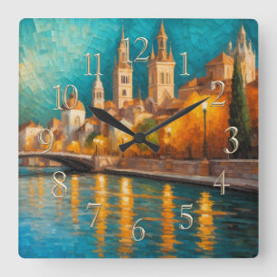 Horloge Carrée Design abstrait moderne Or Orange Bleu européen