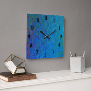 Horloge Carrée design abstrait or et bleu