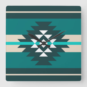 Horloge Carrée Design aztèque en couleur turquoise