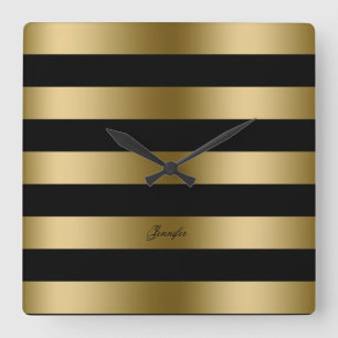 Horloge Carrée Design Moderne Motif Grilles Noir Et Or