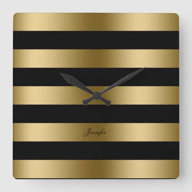 Horloge Carrée Design Moderne Motif Grilles Noir Et Or (Recto)