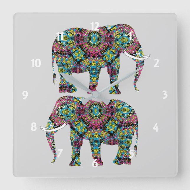 Horloge Carrée Design orné d'éléphants indiens décorés (Recto)