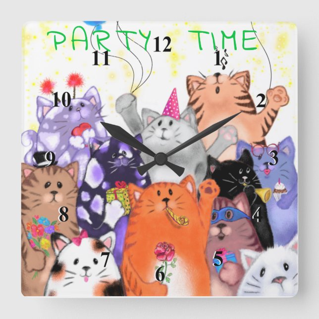 Horloge Carrée Dessin de fête de chats heureux - de mignons chats (Recto)