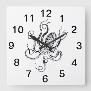 Horloge Carrée Dessin de pieuvre stylisé vintage #1