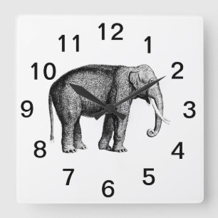 Horloge Carrée Dessin d'éléphant vintage