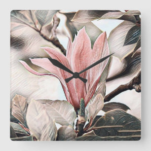Horloge Carrée Dessin d'une branche de fleur de magnolia rose