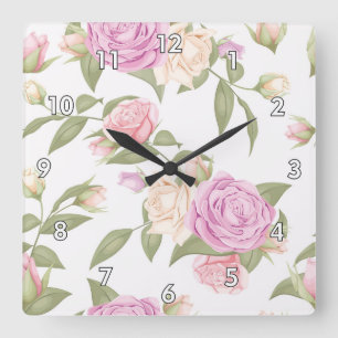 Horloge Carrée Dessin floral rose mou