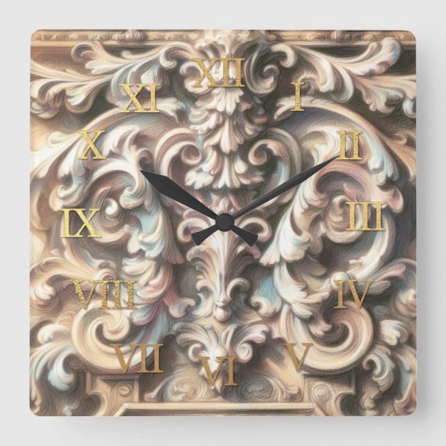 Horloge Carrée Dessin pastel d'architecture Pierre ornée sculptée (Recto)