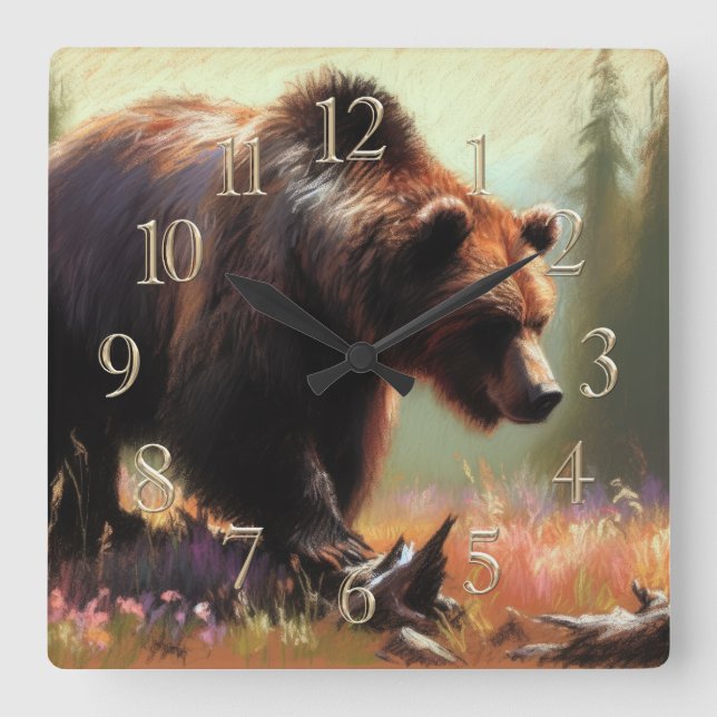 Horloge Carrée Dessin pastel du grizzli dans la nature (Recto)