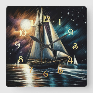 Horloge Carrée Dessin Pastel Dur Nuit