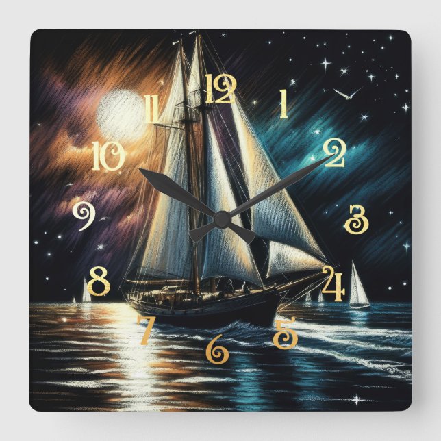 Horloge Carrée Dessin Pastel Dur Nuit (Recto)