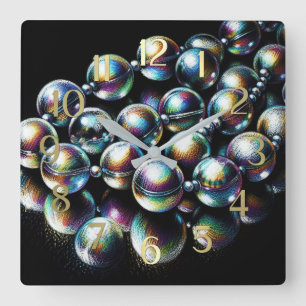 Horloge Carrée Dessin pastel Perles Iridescentes sur noir
