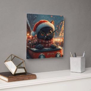 Horloge Carrée Dessous de verre noir à rouleaux de chat Noël