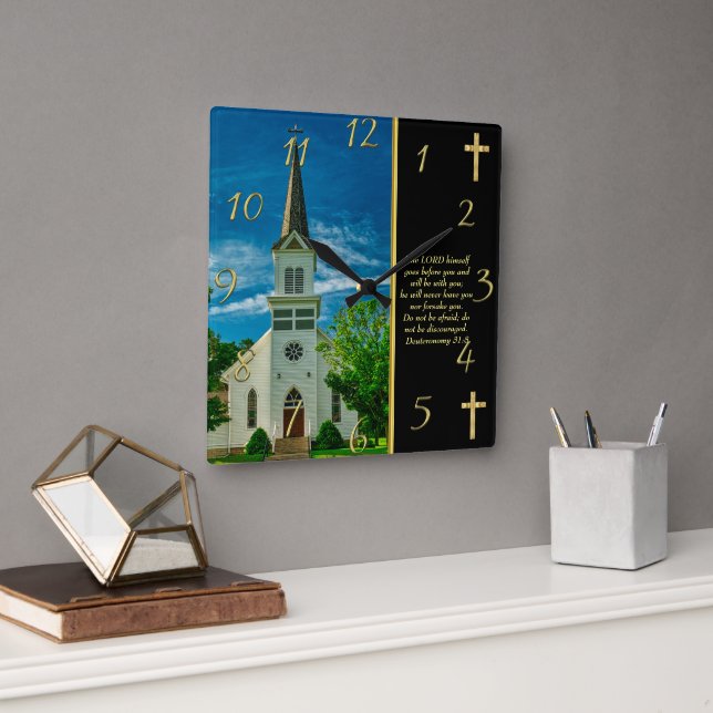 Horloge Carrée Deutéronome 31:8 Église blanche (Bureau)