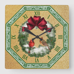 Horloge Carrée Deux cardinaux ~ Serrure de Noël neigeuse ~ Bow ro