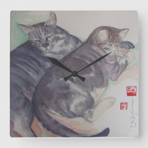 Horloge Carrée Deux chats ajustent l'horloge murale