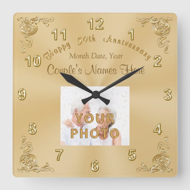 Horloge Carrée Deux NAMES, DATE, photo 50th Anniversary CLOCK (Recto)