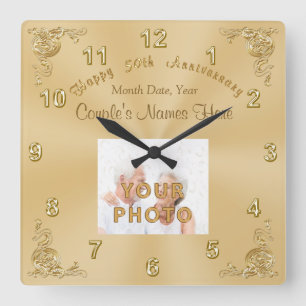 Horloge Carrée Deux NAMES, DATE, photo 50th Anniversary CLOCK