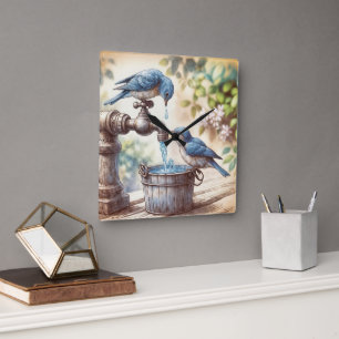 Horloge Carrée Deux oiseaux bleus avec robinet et vieux seau