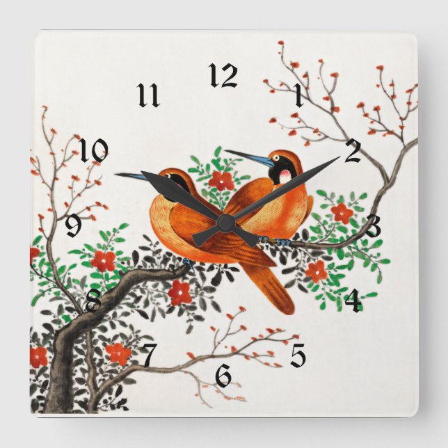 Horloge Carrée Deux oiseaux sur une branche de floraison (Recto)