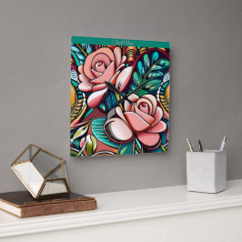 Horloge Carrée Deux Roses : Un Arrangement Floral Spectaculaire