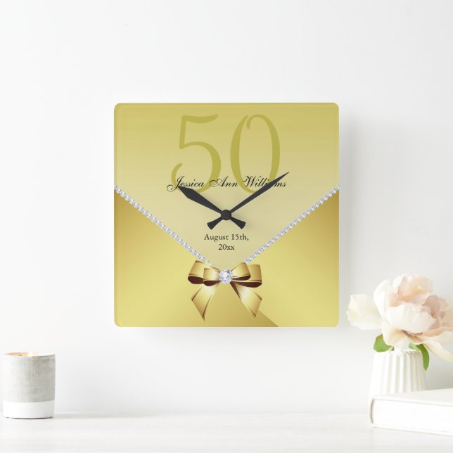 Horloge Carrée Diamants romantiques et Bow or 50e anniversaire (Maison)
