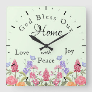 Horloge Carrée Dieu bénisse notre maison Fleurs sauvages floraux