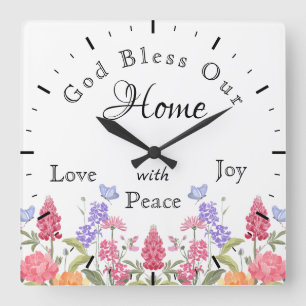 Horloge Carrée Dieu bénisse notre maison Fleurs sauvages floraux
