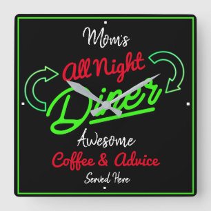 Horloge Carrée Diner Nom de maman Neon Effet vert Rouge Noir Amus