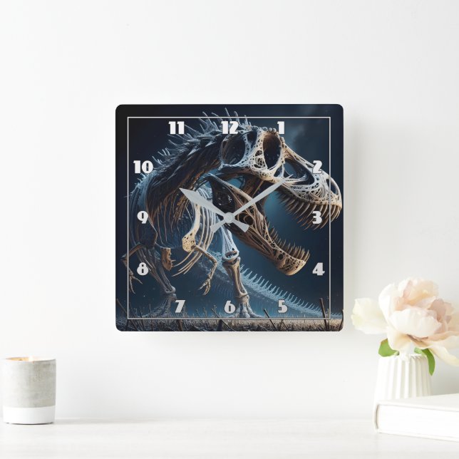 Horloge Carrée Dinosaure Skeleton Roaming and Ancient Landcape (Maison)