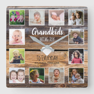 Horloge Carrée Distressed Wood 12 Photo Collage Grandkids Quote