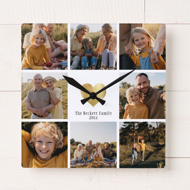 Horloge Carrée do-it-yourself Famille Moderne Photo Collage Gold  (Créateur téléchargé)