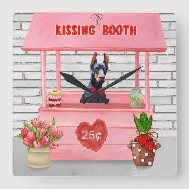 Horloge Carrée Doberman Chien Valentine's Day Kissing Booth (Recto)