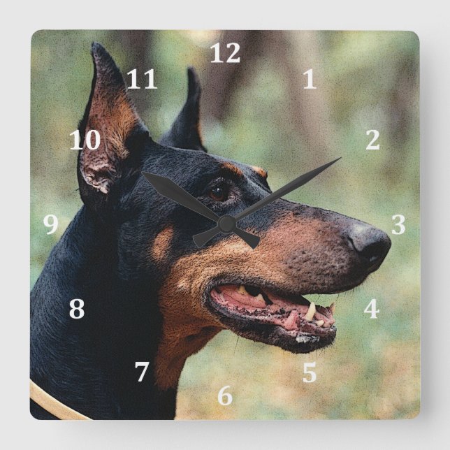 Horloge Carrée Doberman Pinscher dans les bois (Recto)