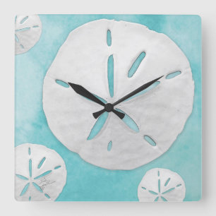 Horloge Carrée Dollar de sable tropical Turquoise Aquarelle