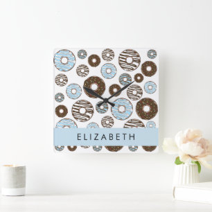 Horloge Carrée Donuts Bleus, Donuts Brown, Sprinkings, Votre Nom