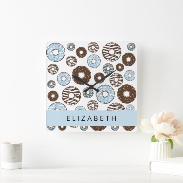 Horloge Carrée Donuts Bleus, Donuts Brown, Sprinkings, Votre Nom (Maison)