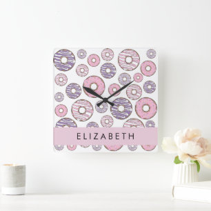 Horloge Carrée Donuts Roses, Donuts Violets, Saupoudrages, Votre 