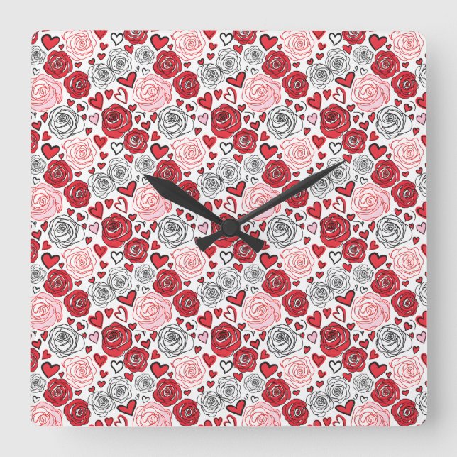 Horloge Carrée Doodle Art Style Red Pink Roses Hearts Valentine's (Recto)