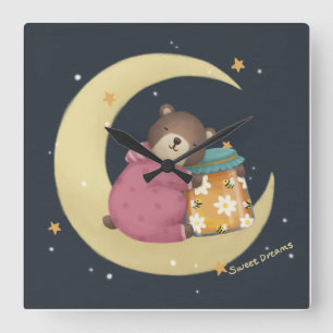 Horloge Carrée Douces Rêves : Illustration de l'ours et du miel
