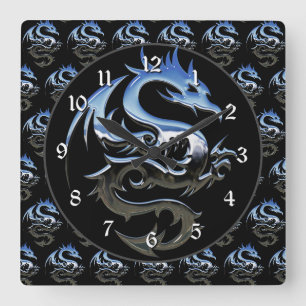 Horloge Carrée Dragon métallique argenté