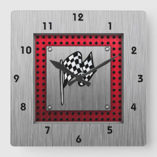 Horloge Carrée Drapeau À damiers ; look en aluminium brossé