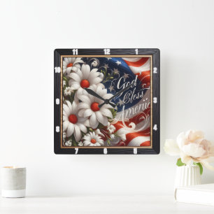 Horloge Carrée Drapeau américain Daisies patriotique
