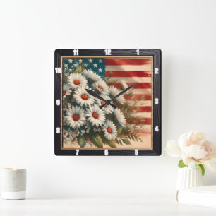 Horloge Carrée Drapeau américain Daisies patriotique