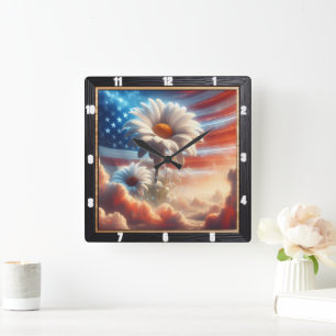 Horloge Carrée Drapeau américain Daisies patriotique