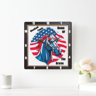 Horloge Carrée Drapeau américain de famille du cheval patriotique