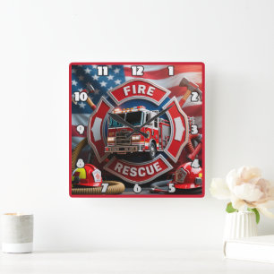 Horloge Carrée Drapeau américain de la vaillance des pompiers