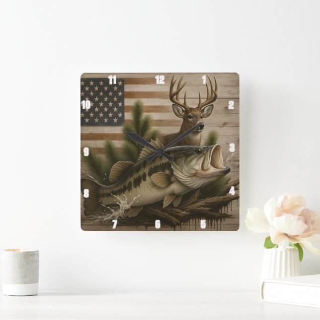 Horloge Carrée Drapeau américain Deer Bass (Maison)