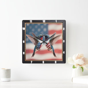 Horloge Carrée Drapeau américain des colibris patriotiques