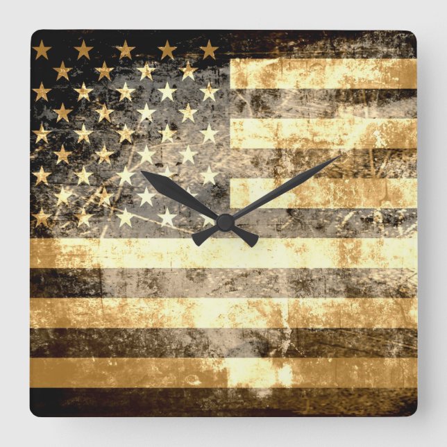Horloge Carrée Drapeau américain Grunge 3 (Recto)